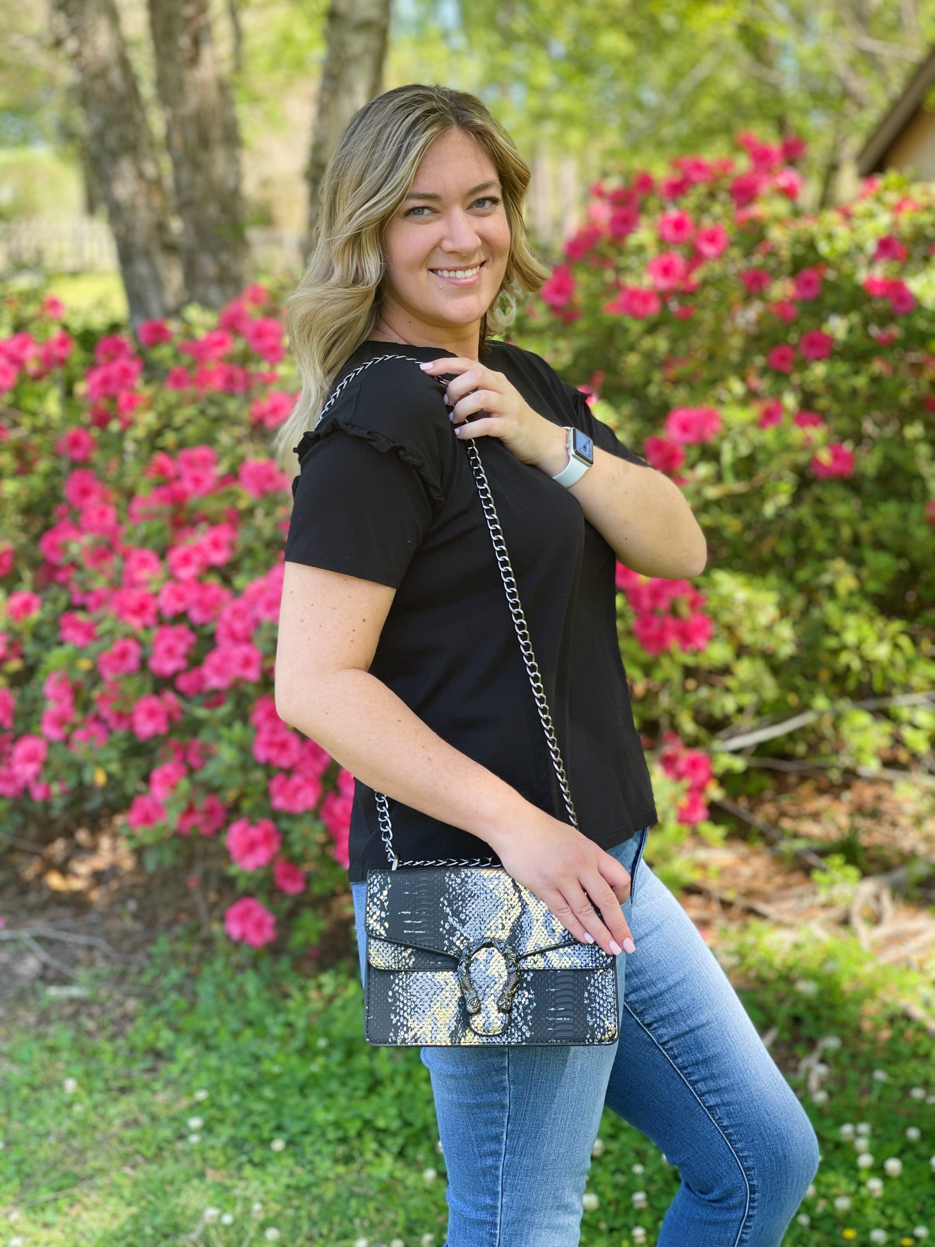 Leather Snakeskin Crossbody - Black