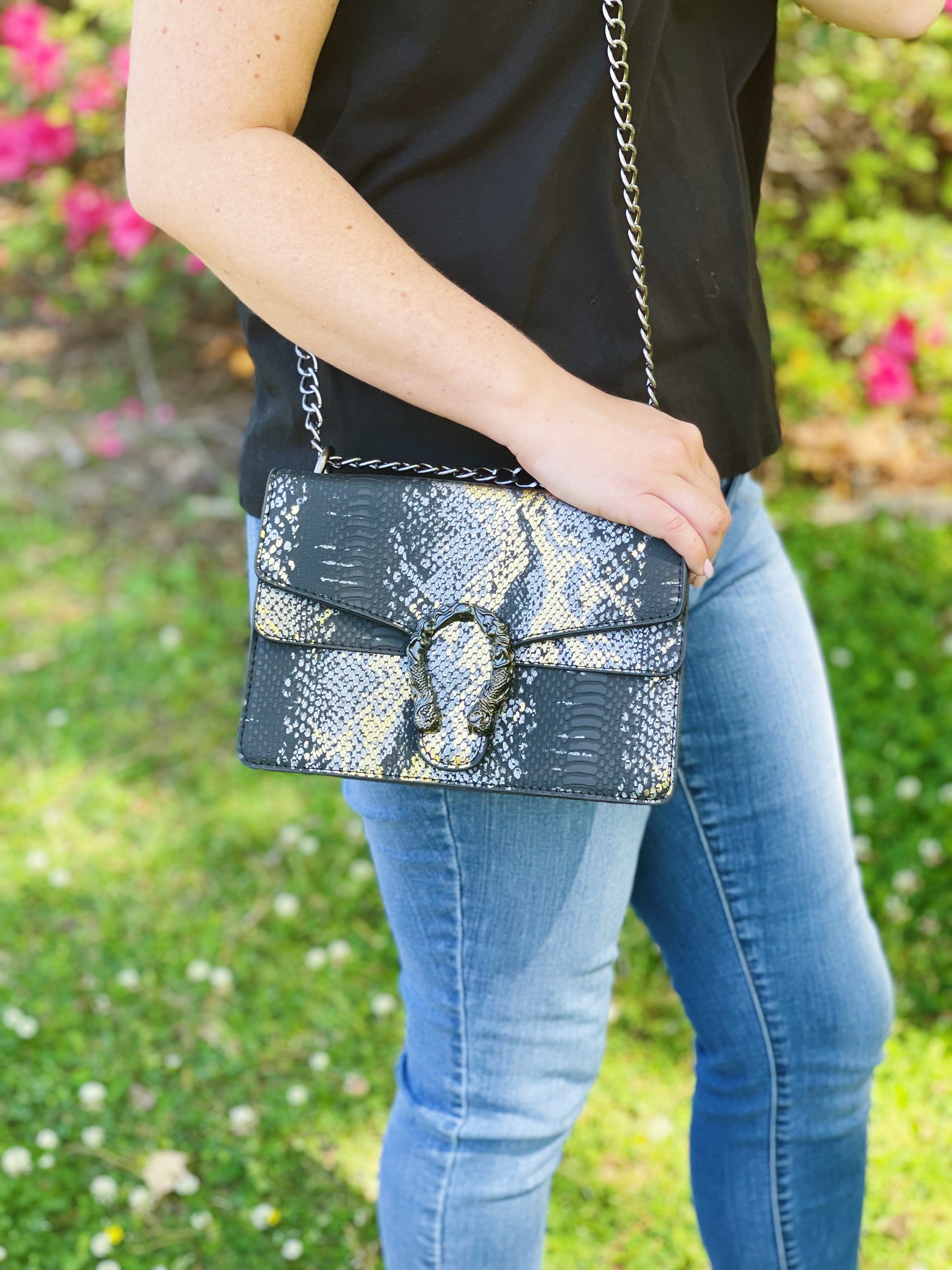 Leather Snakeskin Crossbody - Black