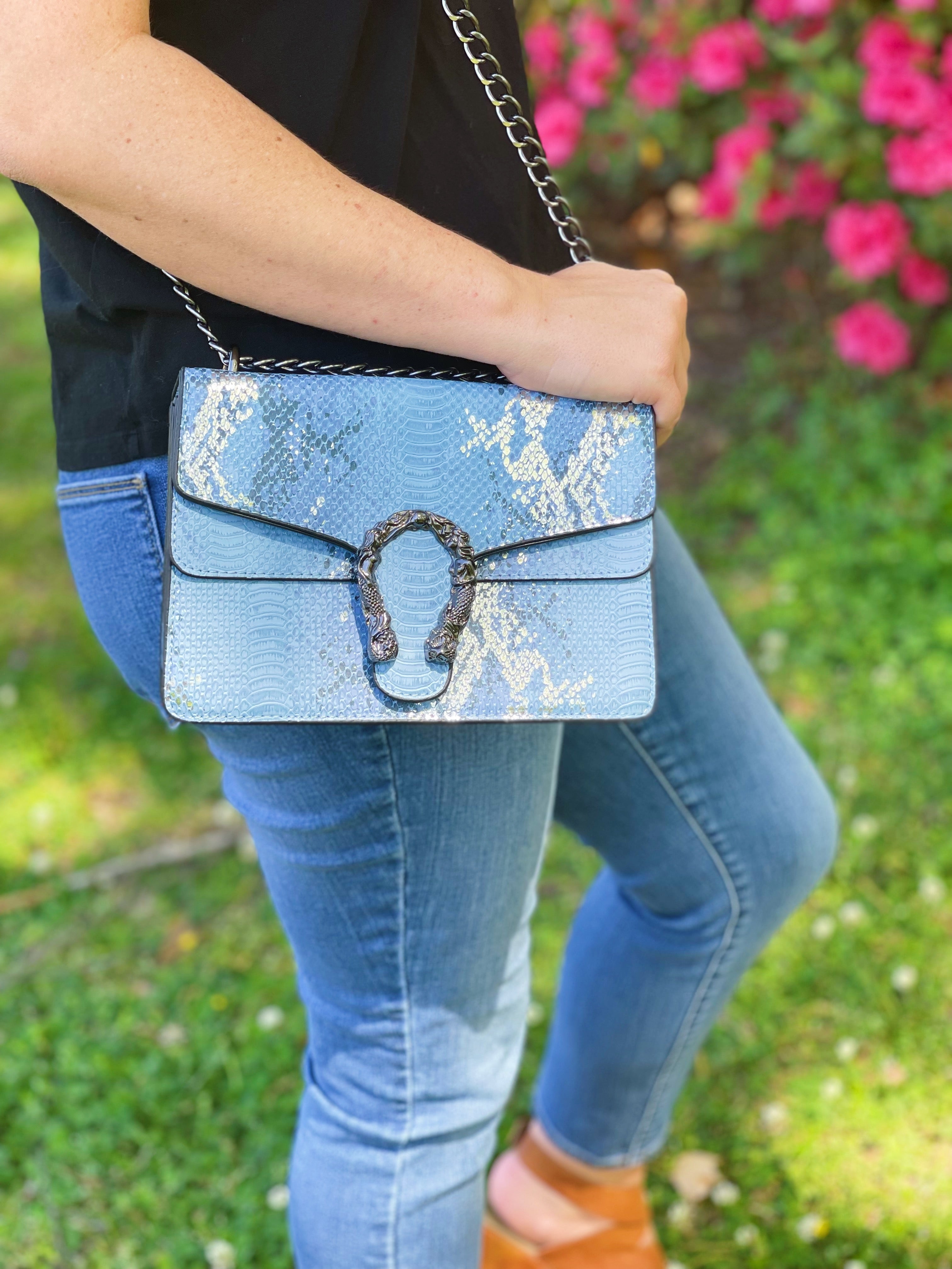 Leather Snakeskin Crossbody - Blue